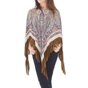 Chico’s Paisley Triangle Poncho, Faux Suede Trim, One Size Fits All